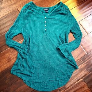 Lucky Brand Thin Ribbed Knit Henley w/ Crochet Detail